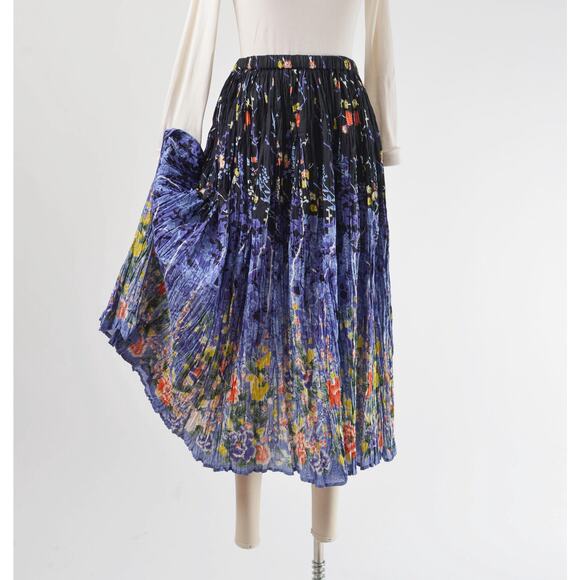 Vintage 90s Floral Broomstick Pleated Full Cotton Maxi Skirt S M - Picture 3 of 8